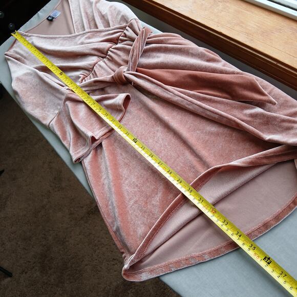 Divided Dusty Rose Velvet Dress size 4 long bell sleeves faux wrap waist tie - Picture 5 of 10